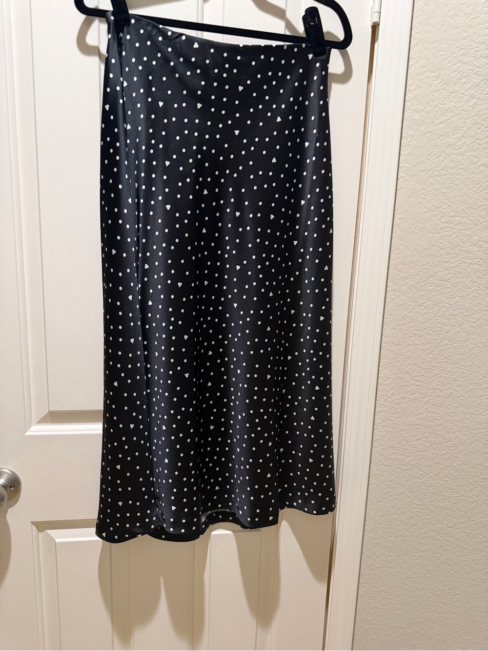 Black Polka Dot Satin A-Line Midi Skirt